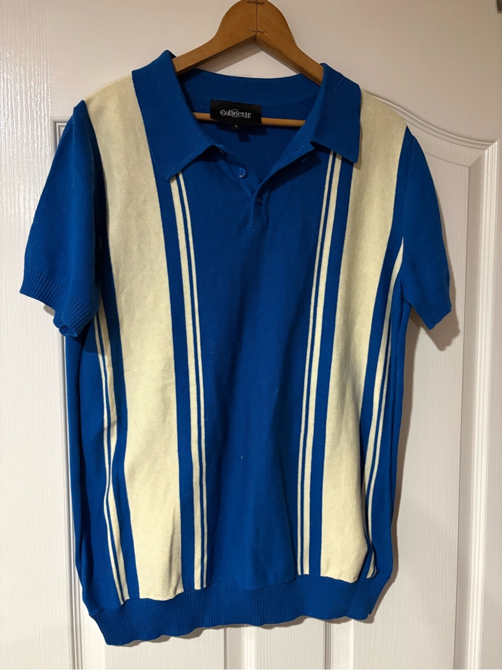 Collectif- Blue & Cream Striped Polo Top - Mens